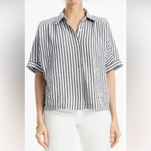 MAX STUDIO NWT Textured Stripe Camp Shirt Womens Sz L Olive Green & White Stripe